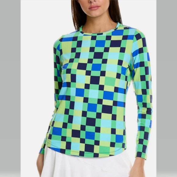 Ibkul Annalise Long Sleeve acre Neck Top in Green and Blue - Picture 1 of 11